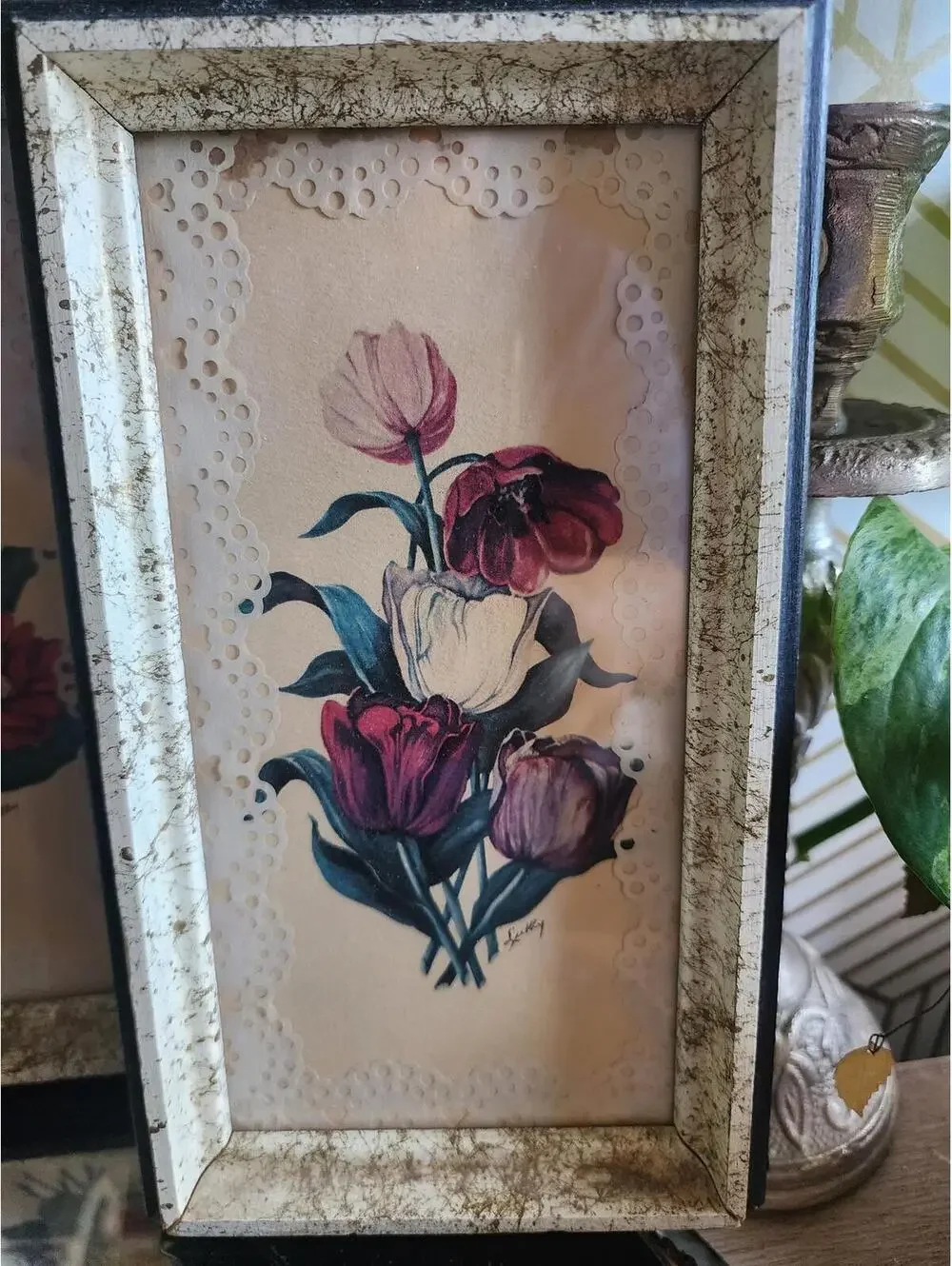 Vintage Framed Lace Matte Luthy Floral Prints 5x9 Set of 3